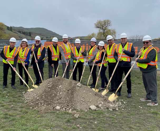 From left to right: Manager, Project Program Doug Ross; Coun. Teresa Durning; Coun. Kelly Fehr; Coun. Brian Guy; Stephen Faust, Project Architect Group 2; Mayor Victor Cumming; Randy Kryzyk, Senior Vice President Operations, Clark Builders; Coun. Kari Gares; Coun. Akbal Mund; Coun. Brian Quiring; and Senior Manager, Project Chris Sheel