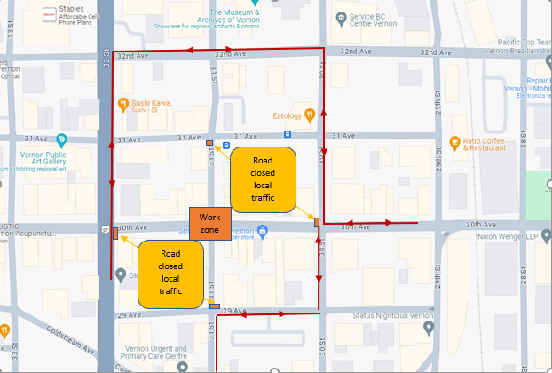 Map of work zone for 30th Avenue work