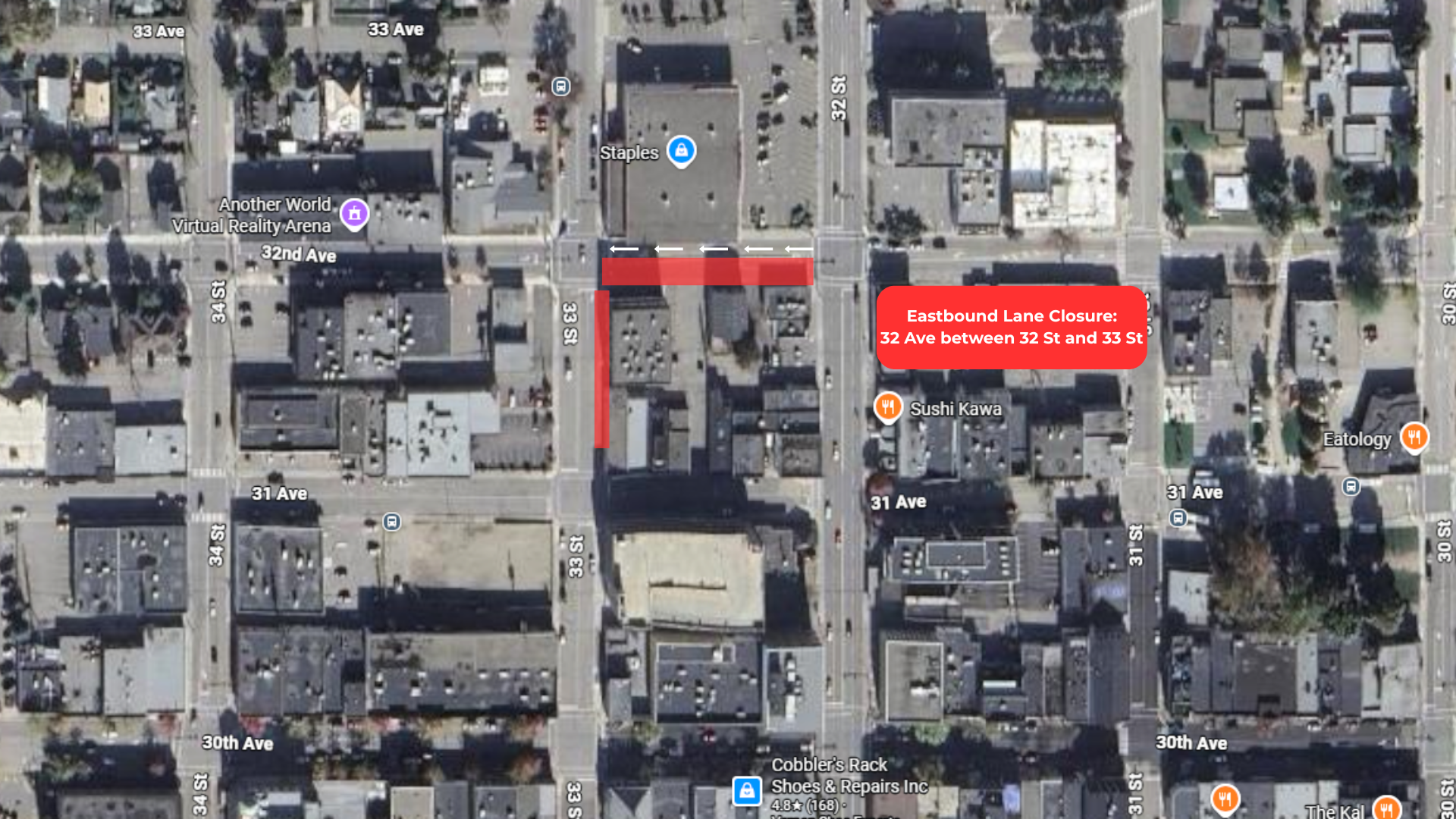 Map of eastbound lane closure on 32 Ave July 28 2026
