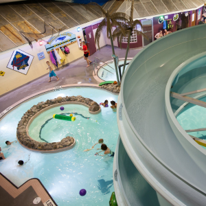 Overhead view of the Vernon aquatic center including slide and lazy river.