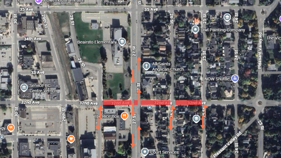 Detour map of 32 Ave construction May 21 2026