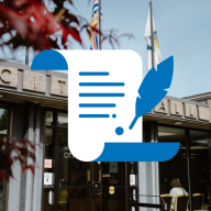Image of city hall with a council meeting icon overlayed