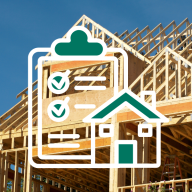 Image of house under construction with permit icon overlayed